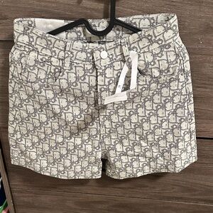 Monogram Pattern High-Waist Shorts in Cream and Gray